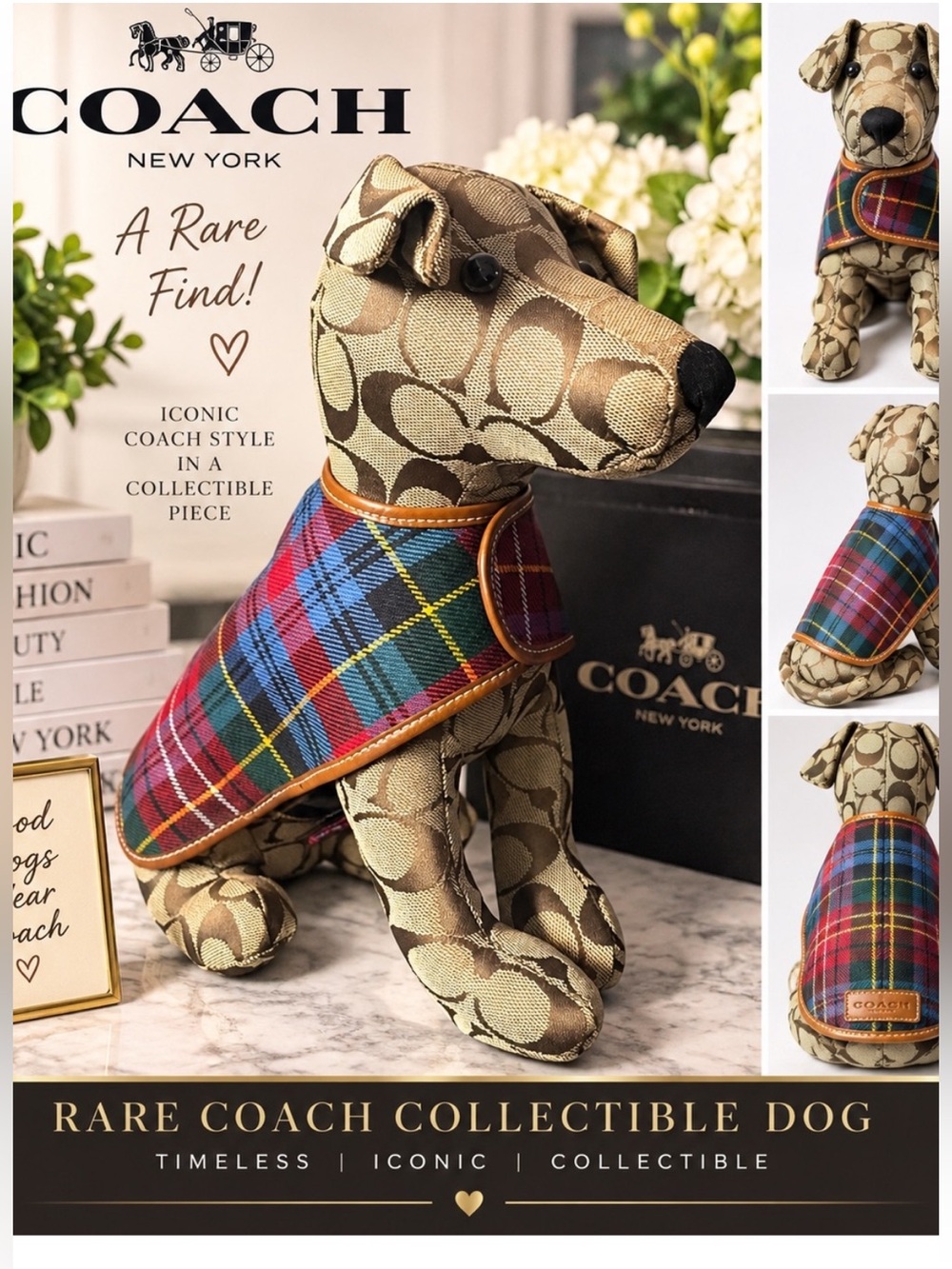 COACH Vintage 1990s Signature Jacquard Dog Plush Figurine w/ Plaid Coat